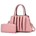 Close-up of pink pleated tote bag and matching long wallet with adjustable metal buckle strap - Pink