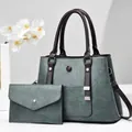 Teal vintage tote bag and envelope pouch set with brown handles and adjustable strap - Green