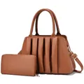 Close-up of caramel brown pleated shoulder bag and matching zip-around long wallet set - Earthy Yellow