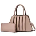 Taupe pleated tote bag and matching long wallet set with textured vegan leather finish - Khaki