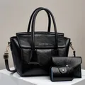 Detailreiches 3er-Set mit schwarzer Shopper-Tasche, Umschlag-Brieftasche und Kartenhalter - Schwarz