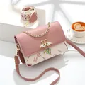 Sac bandoulière rose et blanc avec fermoir cygne doré et large bandoulière tissu - Rose