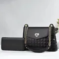 Elegant black quilted chain shoulder bag with heart-shaped gold clasp and long wallet - Black