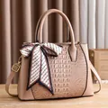 Chic beige crocodile pattern handbag with large capacity and letter print silk scarf - Khaki