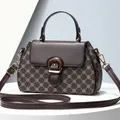 Vintage dark brown crossbody handbag with beige printed pattern and gold buckle detail - Pure Coffee