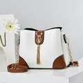 White and brown structured bucket bag with cat-shaped hardware and gold tassel details - White