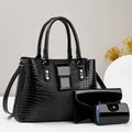 Black three-piece tote bag set with shiny crocodile texture and large capacity - Black