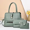 Sage green three-piece women handbag set with textured pattern and gold twist lock - Green