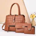 Three-piece women brown handbag set with textured tote, clutch, and wallet in warm tones - Yellow