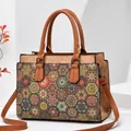 Chic patchwork cork handbag with colorful geometric print and brown faux leather handles - Style 1