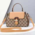 Retro checkered women handbag with clover prints and a classic horseshoe metal buckle - Khaki & Yellow Patchwork