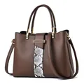 Large capacity dark brown tote bag with snakeskin patch and gold hardware detail - Khaki