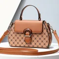 Khaki floral print satchel bag with retro wood-style ring buckle and slim leather strap - Pink