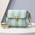 Mint green and white striped small square crossbody bag with gold chain and buckle - Green