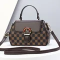 Vintage checkered handbag with floral print and amber-toned buckle in brown finish - Coffee Plaid Patchwork