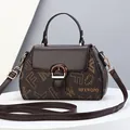 Deep brown women's crossbody bag with vintage letter print and a circular metal buckle - Coffee Print Patchwork