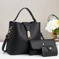 Detailed set of black pebble leather tote bag, clutch and card holder with gold hardware - Black
