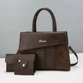 Set 3 pezzi borsa tote in pelle PU marrone scuro con motivi serpente e struzzo - 31x13x24cm (Set da 3 pezzi) / Caffè