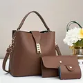 Brown litchi texture leather handbag set with shoulder strap and matching wallet - Brown