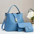 Three-piece set of blue pebble leather handbags with gold hardware and shoulder strap - Blue