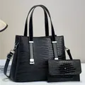Detail of black lizard texture leather handbag and matching long wallet with silver hardware - Handbag And Clutch (JC-3104#) / Black