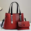 Glossy red crocodile embossed tote bag set with detachable black strap and small pouch - Handbag And Clutch (JC-3104#) / Burgundy