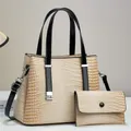 Beige lizard embossed handbag and wallet set with black handles and silver hardware - Handbag And Clutch (JC-3104#) / Beige