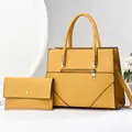 Ginger yellow PU leather tote bag and wallet set featuring V-shaped stitching detail - Beige