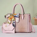 Pink faux crocodile leather tote bag set with decorative scarf and matching pouch - Pink