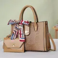 Khaki crocodile embossed handbag and pouch set with colorful silk scarf accent - Khaki