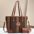Classic striped tote bag set with brown leather accents and gold hardware - Coffee