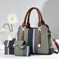 Three-piece checkered tote bag set with brown leather handles and gold metal hardware - Blue Gray