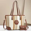 Retro large-capacity striped tote bag with leather trim and matching small pouch - Off White
