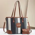 Women's vintage striped tote bag set with brown leather trim and adjustable shoulder strap - Black