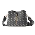 Black bucket bag with white deer print, butterfly pendant and striped strap - Black