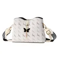 Chic beige bucket bag with elk print, black butterfly charm and wide woven strap - Off White