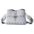 Light blue bucket bag with deer print and wide woven strap for women fashion - Blue
