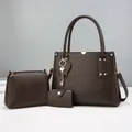 Ensemble de trois sacs à main en cuir PU marron foncé avec motif croco et détails dorés - Marron
