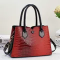 Detailed shot of red crocodile texture handbag with black handles and shoulder strap - Burgundy
