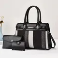 Ensemble de trois sacs en toile comprenant un grand cabas à rayures verticales grises - Noir
