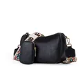 Sacoche selle élégante en similicuir noir avec bandoulière tissée et petit porte-monnaie - Noir