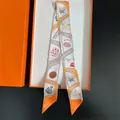 Summer silk twilly scarf with orange cartoon patterns in a premium presentation box - Orange-White Series Cartoon (C312-4)