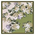 French silk scarf with green hydrangea floral print and elegant gold line border - One Size / Green