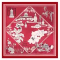 Red 90cm square silk scarf featuring vintage West Lake scenery and traditional floral patterns - Red