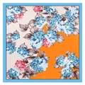 90cm French square floral scarf featuring blue and pink hydrangeas on orange background - One Size / Sky Blue