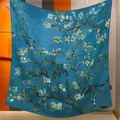 Van Gogh Almond Blossom oil painting style silk wool scarf shawl in vibrant turquoise - Van Gogh Almond Blossoms