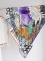 Close-up of tropical leaf print chiffon shawl with intricate purple stitched edges - Purple Artistic Tropical (24)
