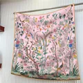 90cm silk twill scarf with birds and floral patterns, hanging as elegant wall decor - 90x90cm / Jungle Floral Bird Pink