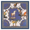 French palace style square silk scarf with royal horse patterns and gold scroll borders - Large / Blue