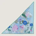 Silk-like triangle shawl with blue illustration featuring giraffes and garden fountain - Large Triangular Size / Light Blue Giraffe Illustration (S2180)